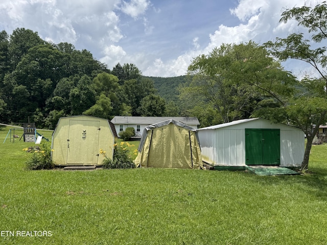 225 Spring St, Spring City, TN 37381 - view of green lawn with a shed and a forest view