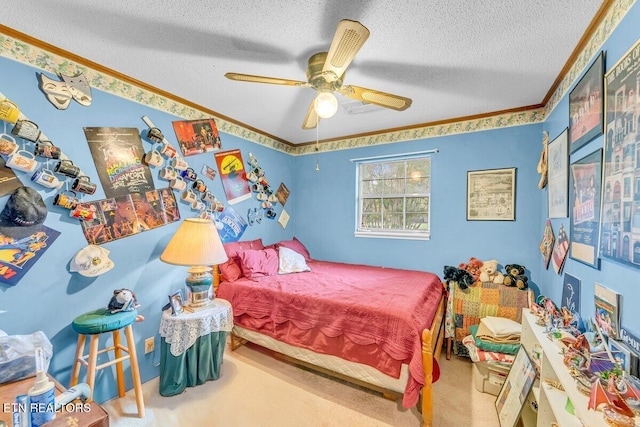 225 Spring St, Spring City, TN 37381 - carpeted bedroom featuring a textured ceiling, ornamental molding, and a ceiling fan