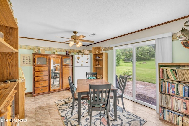225 Spring St, Spring City, TN 37381 - dining space featuring crown molding, a textured ceiling, and ceiling fan