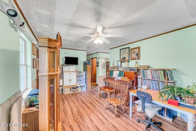 225 Spring St, Spring City, TN 37381 - office space featuring a ceiling fan, wood finished floors, plenty of natural light, and crown molding