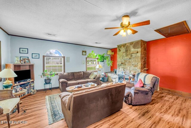 225 Spring St, Spring City, TN 37381 - living room with ceiling fan, attic access, wood finished floors, and a textured ceiling
