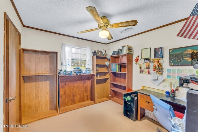 225 Spring St, Spring City, TN 37381 - office with crown molding, a textured ceiling, ceiling fan, and light colored carpet
