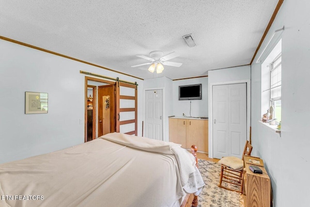 225 Spring St, Spring City, TN 37381 - bedroom with a textured ceiling, multiple closets, a barn door, ornamental molding, and a ceiling fan