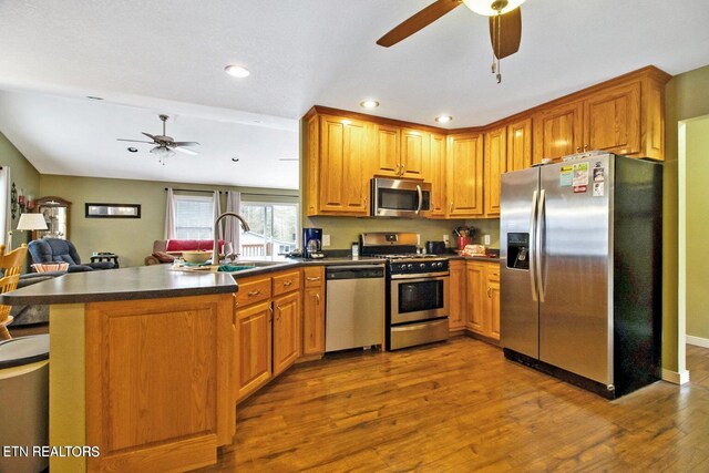 1096 Circle Dr, Jamestown, TN 38556 - kitchen with stainless steel appliances, ceiling fan, dark countertops, a peninsula, and dark wood-style flooring