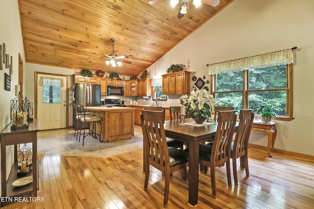 41 Crest Pl, Monterey, TN 38574 - dining space with a ceiling fan, high vaulted ceiling, plenty of natural light, light wood-style flooring, and wood ceiling