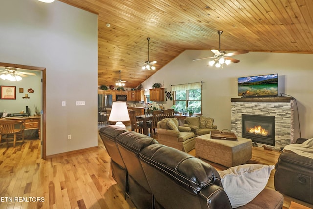 41 Crest Pl, Monterey, TN 38574 - living area featuring a ceiling fan, light wood-style floors, a stone fireplace, high vaulted ceiling, and wooden ceiling