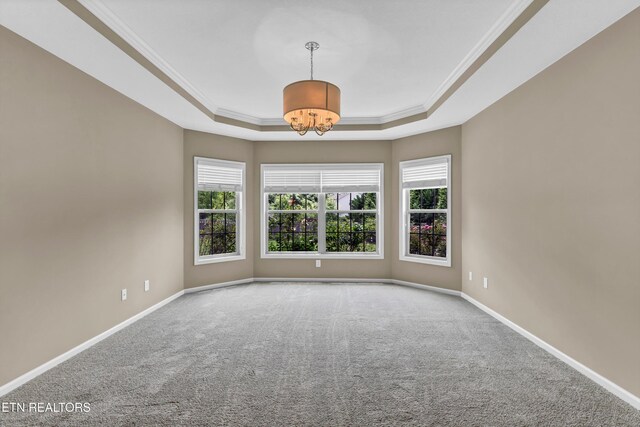 2017 Gusty Wind Ln, Knoxville, TN 37932 - spare room featuring a raised ceiling, carpet floors, crown molding, and a chandelier
