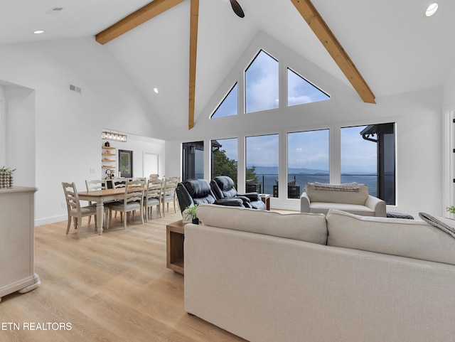 1848 Mountain Ash Way, Sevierville, TN 37876 - living room featuring beamed ceiling, light wood-style floors, a water view, high vaulted ceiling, and recessed lighting