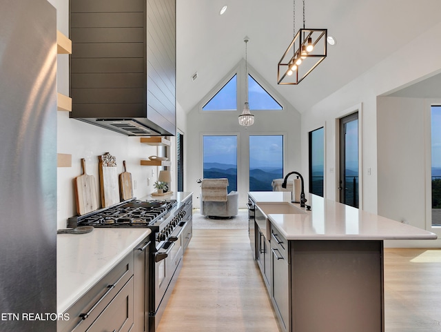 1848 Mountain Ash Way, Sevierville, TN 37876 - kitchen with appliances with stainless steel finishes, extractor fan, light wood finished floors, decorative light fixtures, and high vaulted ceiling