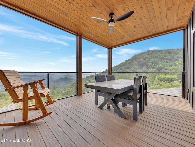 1848 Mountain Ash Way, Sevierville, TN 37876 - wooden terrace with outdoor dining area, a mountain view, and a ceiling fan