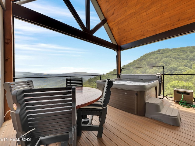 1848 Mountain Ash Way, Sevierville, TN 37876 - wooden deck featuring a hot tub, a wooded view, and a mountain view