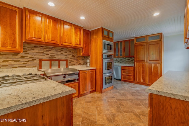 150 Ray Cross Rd, Harriman, TN 37748 - kitchen with brown cabinetry, light countertops, backsplash, recessed lighting, and wood ceiling