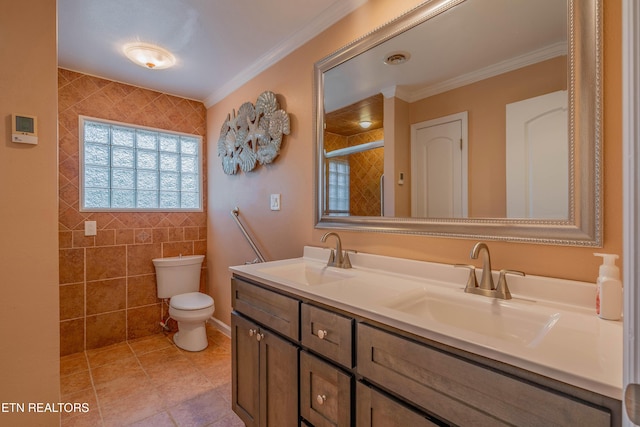 150 Ray Cross Rd, Harriman, TN 37748 - bathroom with double vanity, tile walls, crown molding, a tile shower, and tile patterned floors