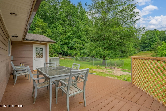 150 Ray Cross Rd, Harriman, TN 37748 - wooden deck with outdoor dining area and a fenced backyard