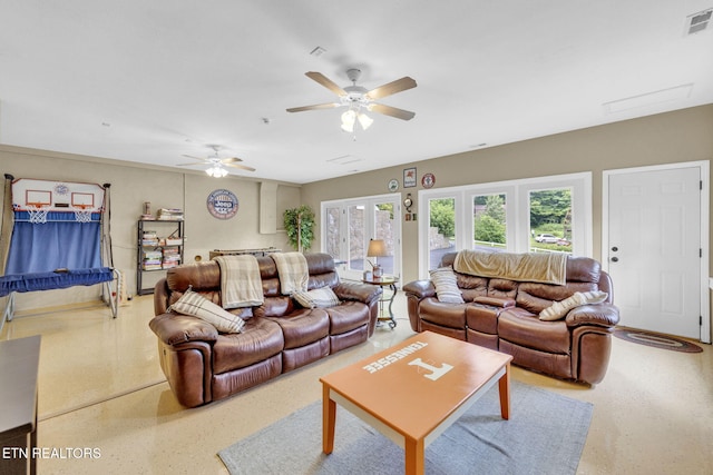 3183 Wears Dr, Sevierville, TN 37862 - living area featuring speckled floor and ceiling fan