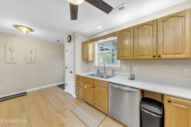 3183 Wears Dr, Sevierville, TN 37862 - kitchen featuring dishwasher, light wood-style floors, a ceiling fan, light countertops, and recessed lighting