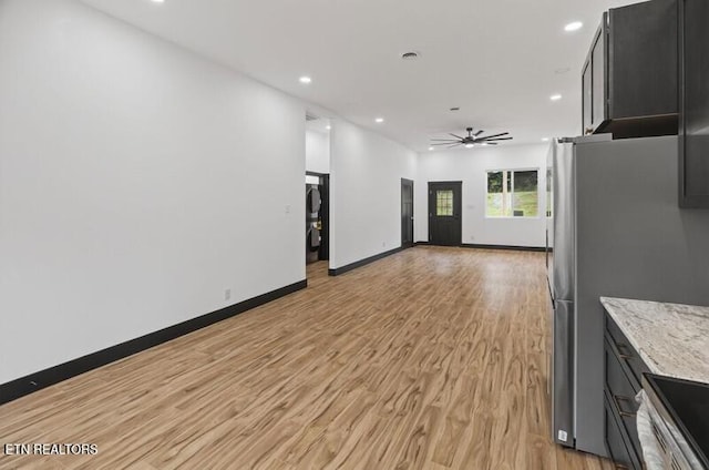 1570 W Dumplin Valley Rd, Dandridge, TN 37725 - kitchen featuring appliances with stainless steel finishes, a ceiling fan, light wood-style flooring, recessed lighting, and dark cabinets