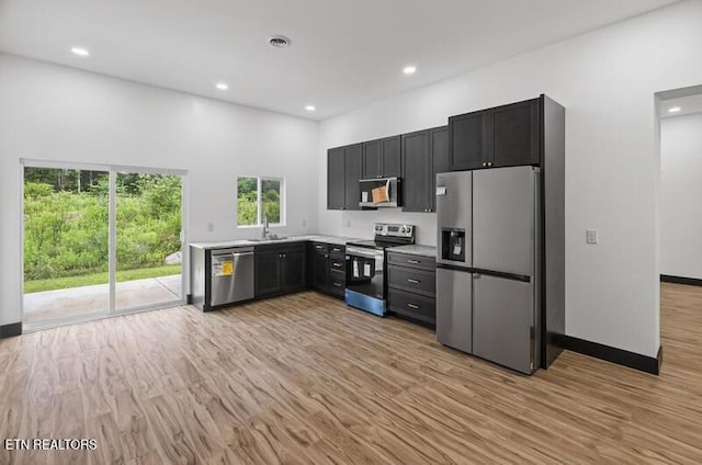 1570 W Dumplin Valley Rd, Dandridge, TN 37725 - kitchen with stainless steel appliances, light wood-style flooring, light countertops, recessed lighting, and dark cabinets