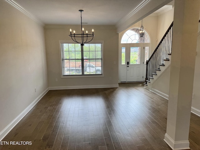 2107 Lantern Park Ln, Knoxville, TN 37932 - foyer with a chandelier, dark wood-type flooring, stairway, and ornamental molding