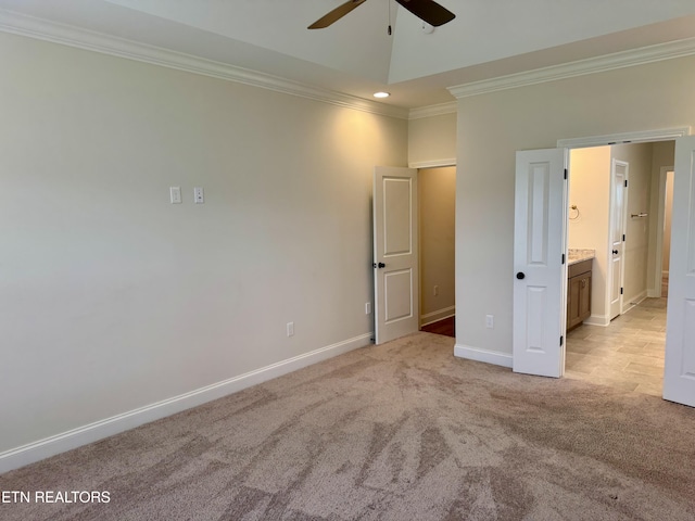 2107 Lantern Park Ln, Knoxville, TN 37932 - unfurnished bedroom with ornamental molding, light carpet, recessed lighting, and connected bathroom