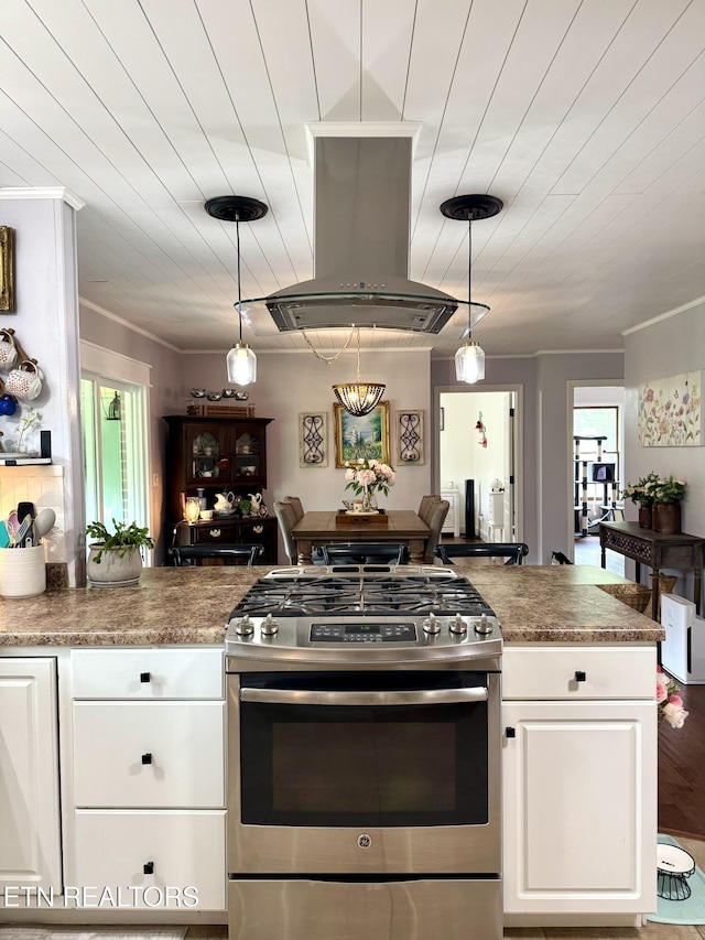 135 Whisper Creek Rd, Lafollette, TN 37766 - kitchen featuring stainless steel range with gas stovetop, island range hood, healthy amount of natural light, white cabinetry, and ornamental molding