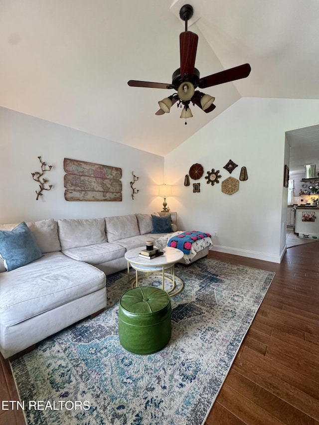 135 Whisper Creek Rd, Lafollette, TN 37766 - living room featuring ceiling fan, hardwood / wood-style flooring, and lofted ceiling