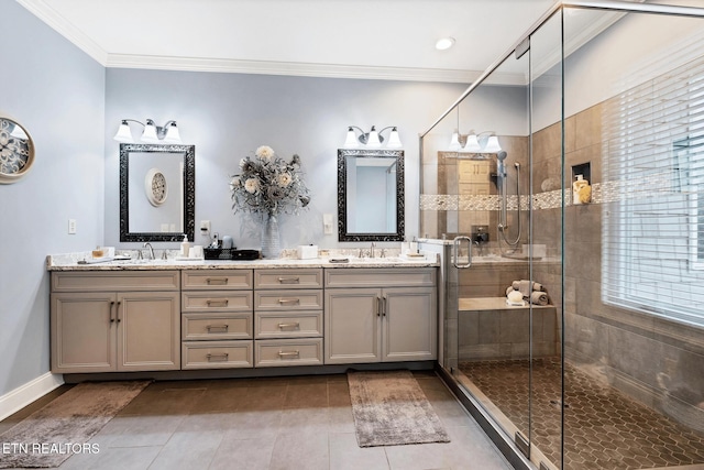 510 Argyle Way, Maryville, TN 37801 - bathroom featuring double vanity, a shower stall, tile patterned flooring, and crown molding