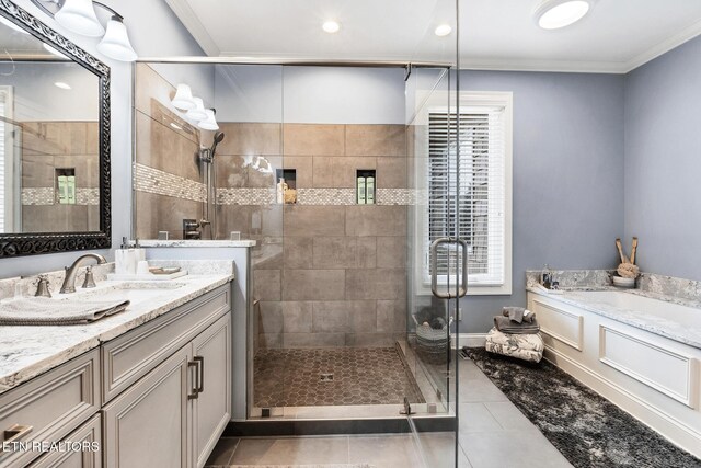510 Argyle Way, Maryville, TN 37801 - full bathroom with a stall shower, a bath, vanity, tile patterned floors, and ornamental molding