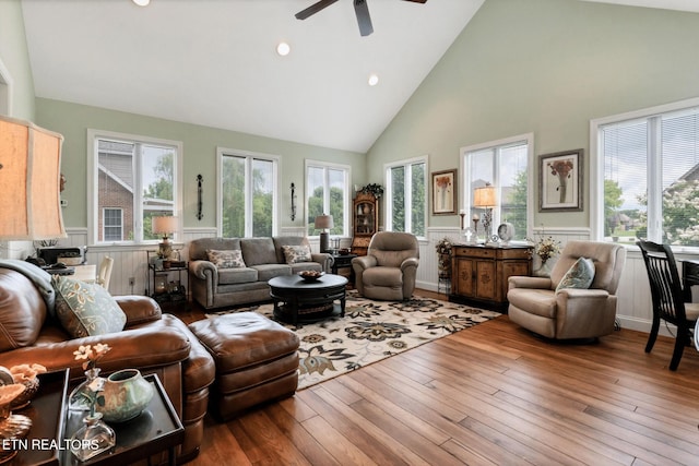 510 Argyle Way, Maryville, TN 37801 - living room featuring high vaulted ceiling, a wainscoted wall, a ceiling fan, hardwood / wood-style floors, and plenty of natural light