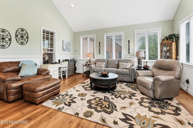 510 Argyle Way, Maryville, TN 37801 - living room with wainscoting, wood finished floors, high vaulted ceiling, and an office area