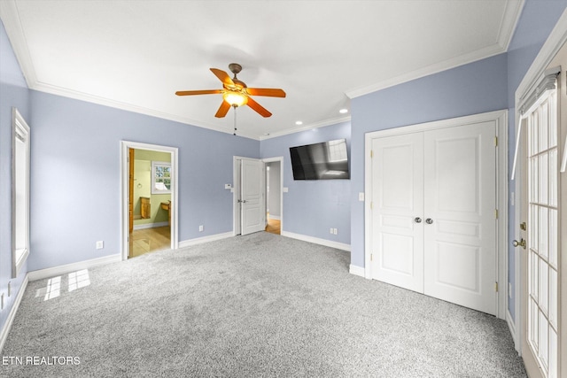 171 Wrenwood Way, Greenback, TN 37742 - unfurnished bedroom featuring carpet floors, ornamental molding, a closet, connected bathroom, and ceiling fan