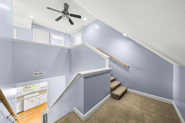 171 Wrenwood Way, Greenback, TN 37742 - stairway featuring ceiling fan, plenty of natural light, a textured ceiling, and recessed lighting
