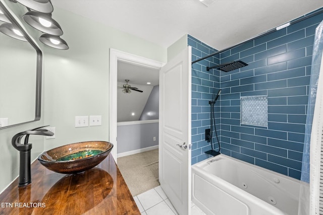 171 Wrenwood Way, Greenback, TN 37742 - bathroom with a combined bath / shower with jetted tub, tile patterned floors, a ceiling fan, and vaulted ceiling