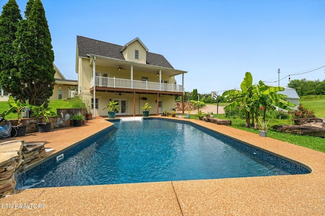 171 Wrenwood Way, Greenback, TN 37742 - rear view of property with a ceiling fan, a patio, an outdoor pool, french doors, and a balcony