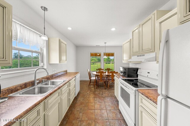 171 Wrenwood Way, Greenback, TN 37742 - kitchen with white appliances, cream cabinetry, under cabinet range hood, pendant lighting, and recessed lighting