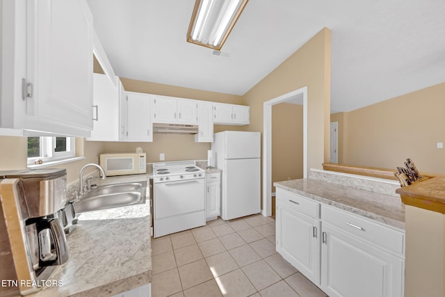8040 Walt Way, Corryton, TN 37721 - kitchen featuring white appliances, under cabinet range hood, light countertops, white cabinets, and lofted ceiling
