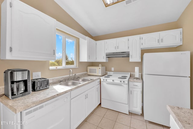 8040 Walt Way, Corryton, TN 37721 - kitchen featuring white appliances, under cabinet range hood, lofted ceiling, white cabinetry, and light tile patterned floors