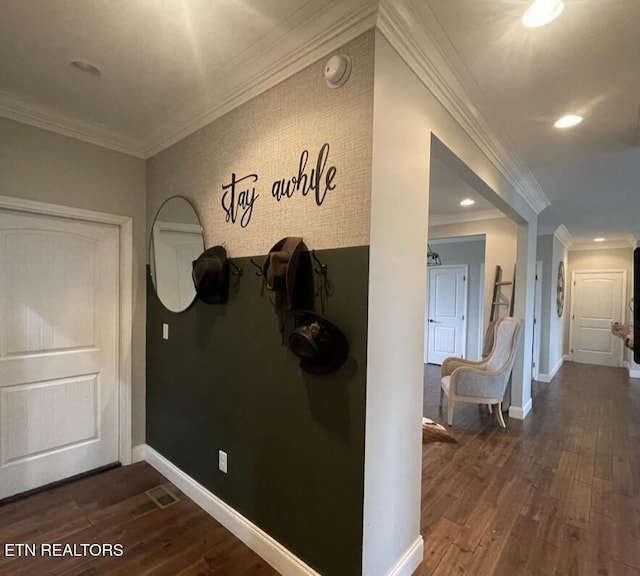 257 Holt Ridge Rd, Tazewell, TN 37879 - hall with dark wood-type flooring, crown molding, and recessed lighting