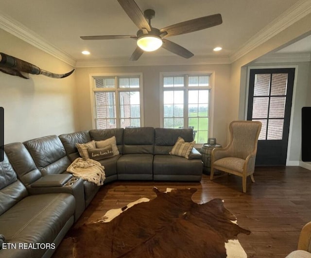 257 Holt Ridge Rd, Tazewell, TN 37879 - living room with a ceiling fan, wood finished floors, recessed lighting, and crown molding