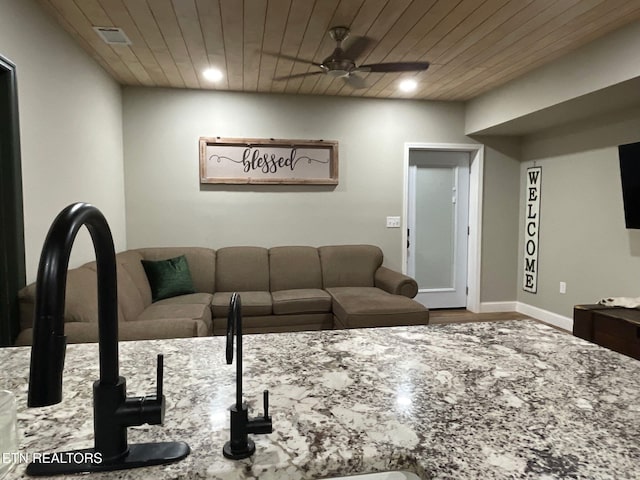 257 Holt Ridge Rd, Tazewell, TN 37879 - living area with a ceiling fan, wood ceiling, recessed lighting, and wood finished floors