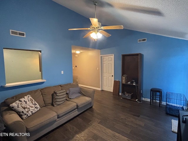 8022 Intervale Way, Powell, TN 37849 - living room with a ceiling fan, wood finished floors, high vaulted ceiling, and a textured ceiling
