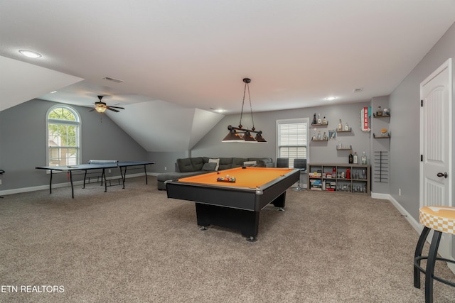 6126 Hollow View Ln, Knoxville, TN 37924 - recreation room with carpet flooring, billiards table, plenty of natural light, lofted ceiling, and recessed lighting
