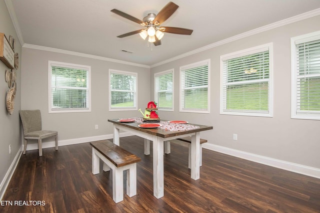 1359 Byrd Cir, Kingston, TN 37763 - dining space with dark wood-type flooring, crown molding, a ceiling fan, and plenty of natural light