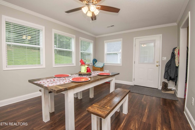 1359 Byrd Cir, Kingston, TN 37763 - dining area featuring dark wood-style floors, crown molding, and a ceiling fan