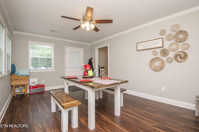 1359 Byrd Cir, Kingston, TN 37763 - dining area with dark wood finished floors, a ceiling fan, and ornamental molding