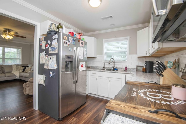 1359 Byrd Cir, Kingston, TN 37763 - kitchen with stainless steel fridge, ornamental molding, healthy amount of natural light, dark wood-type flooring, and a ceiling fan