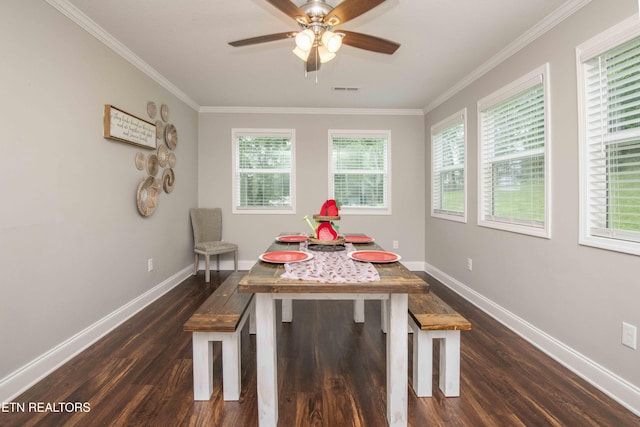 1359 Byrd Cir, Kingston, TN 37763 - dining space featuring dark wood-style flooring, crown molding, and ceiling fan