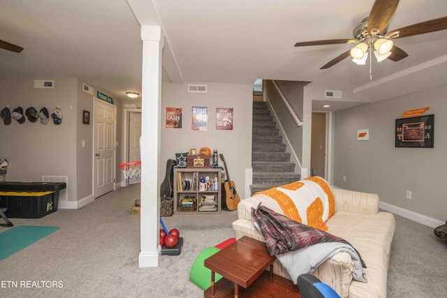 1359 Byrd Cir, Kingston, TN 37763 - living area with ceiling fan, carpet floors, and stairs
