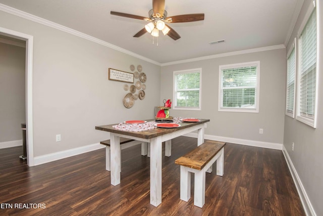 1359 Byrd Cir, Kingston, TN 37763 - dining space featuring ornamental molding, dark wood-style flooring, and a ceiling fan