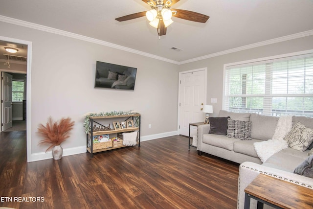 1359 Byrd Cir, Kingston, TN 37763 - living area with ornamental molding, healthy amount of natural light, ceiling fan, and wood finished floors